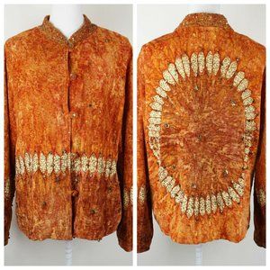 Womens Soft Surroundings Velvet Jacket Topper Tie Dye Rust Beaded Viscose sz L